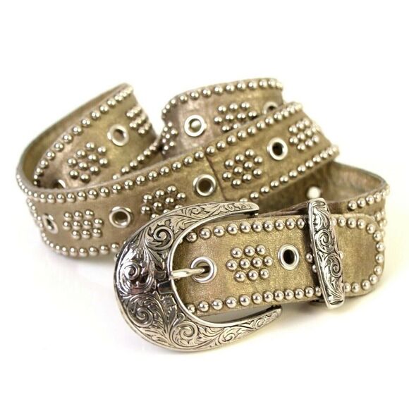 GOLD GENUINE LEATHER 1.5"Wd SILVER STUDDED CASUAL DRESS WOMEN'S BELT Sz M (T37 - Picture 3 of 6